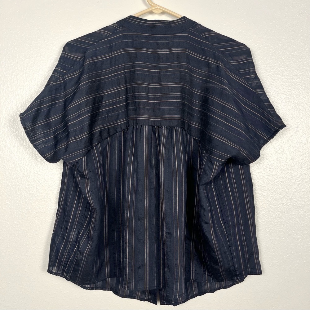Vince Women's XS Navy Blue Striped Drapey Short Sleeve Shirred Top - Picture 6 of 6
